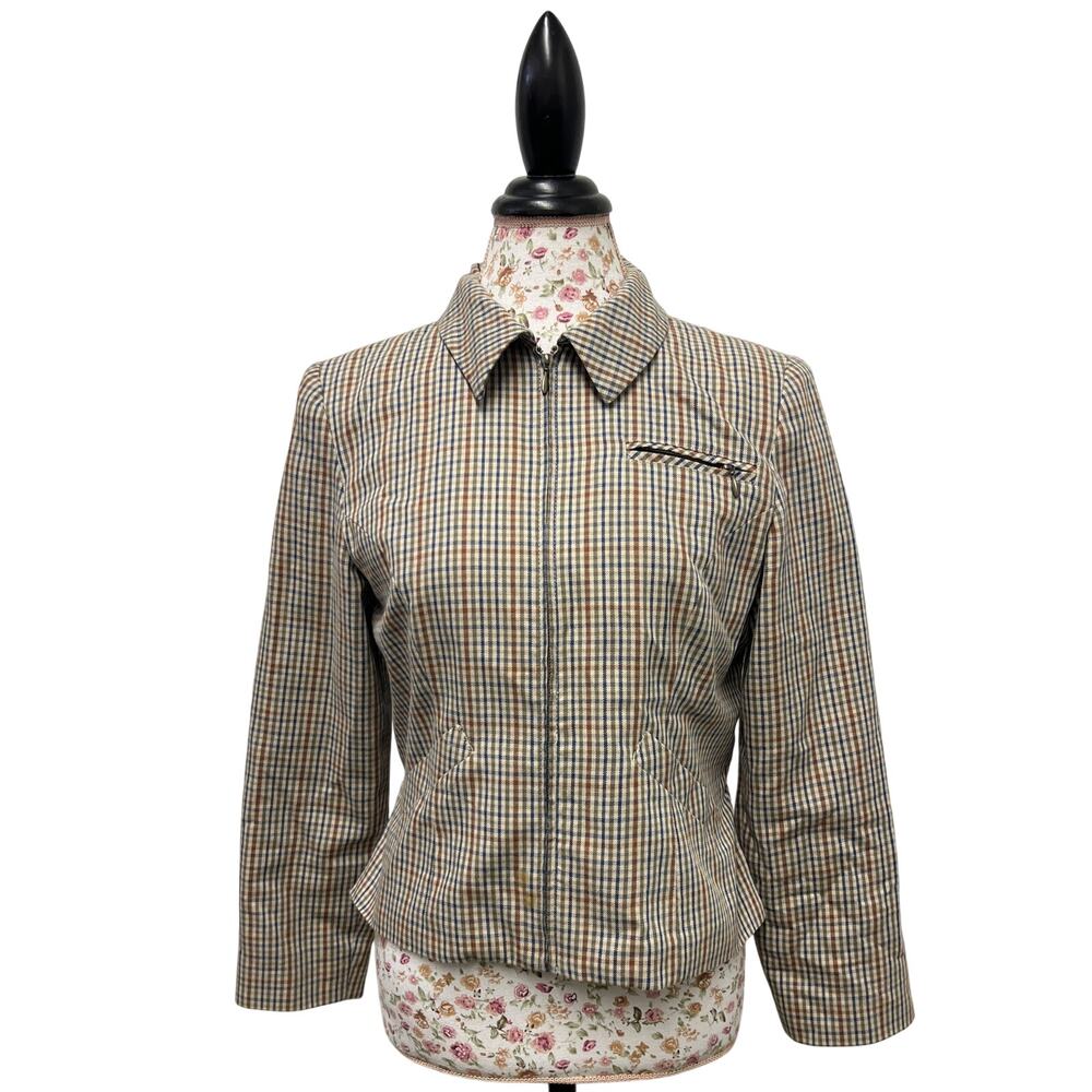 🧥 Petite Sophisticate Plaid Jacket US 8 Vintage 90s Preppy Zip Cotton Coat